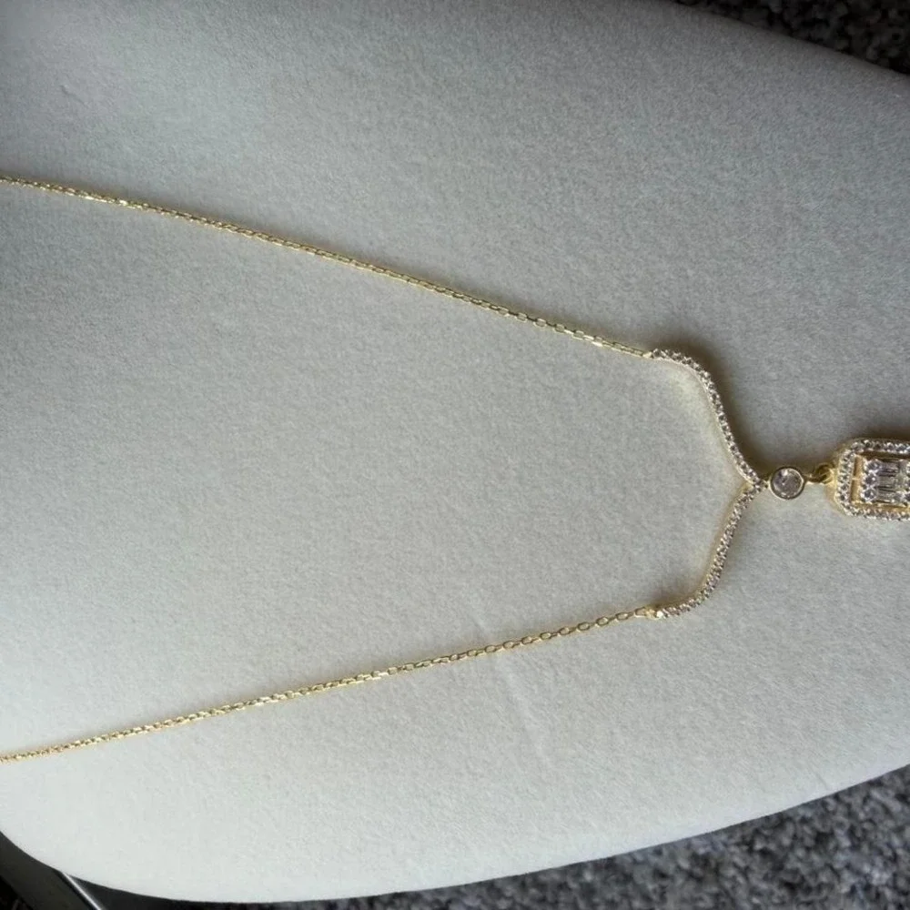 Gold Tone Crystal Halo Rectangular Drop Y Necklace - Picture 2 of 3